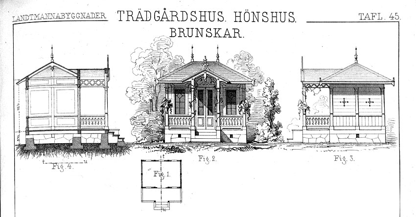 Ruotsalainen arkkitehti Ch. Em. Löfvenskiöld julkaisi vuonna 1868 kirjasen Landtmannabyggnader huvudsakligen för mindre jordbruk (Maatalousrakennuksia pääasiassa pientiloille). Asuinrakennusten, navettojen ja muiden talousrakennusten rinnalla oli ohjeet myös näin suloista huvimajaa varten.